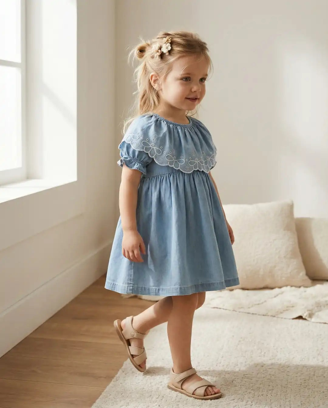 Brode Yakalı Denim %100 Pamuk Kız Bebek Elbisesi
