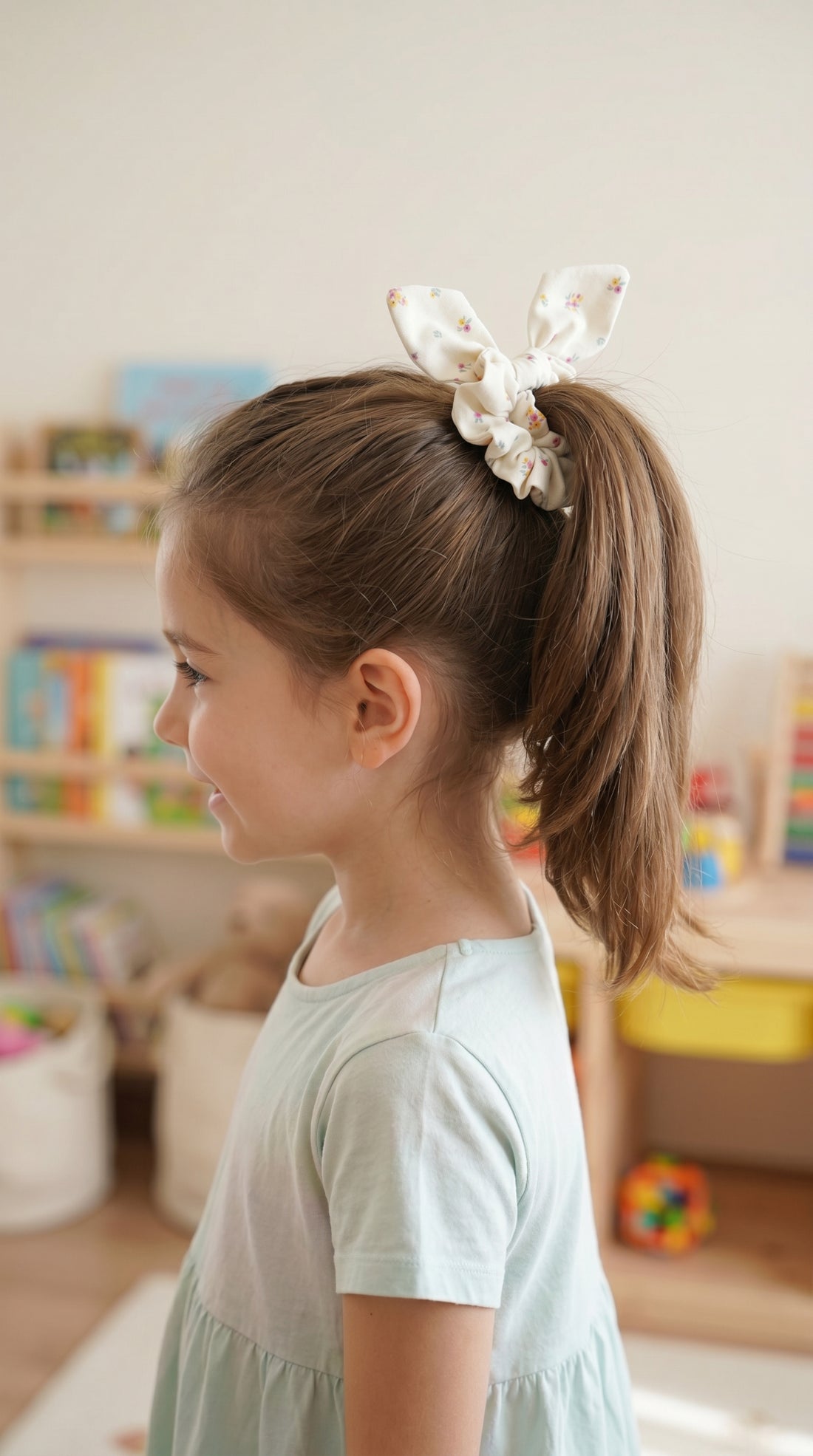 Floral Desenli Ekru Scrunchie – Yumuşak Saç Tokası,