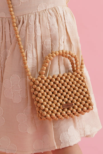 Hand Knitted Natural Wood Beaded Shoulder Bag